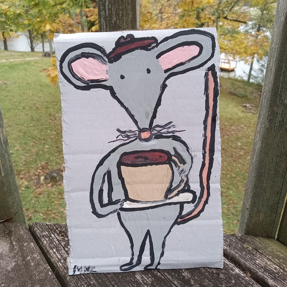 Hand Crafted Other - Mouse Drinking Coffee Acrylic on cardboard Painting